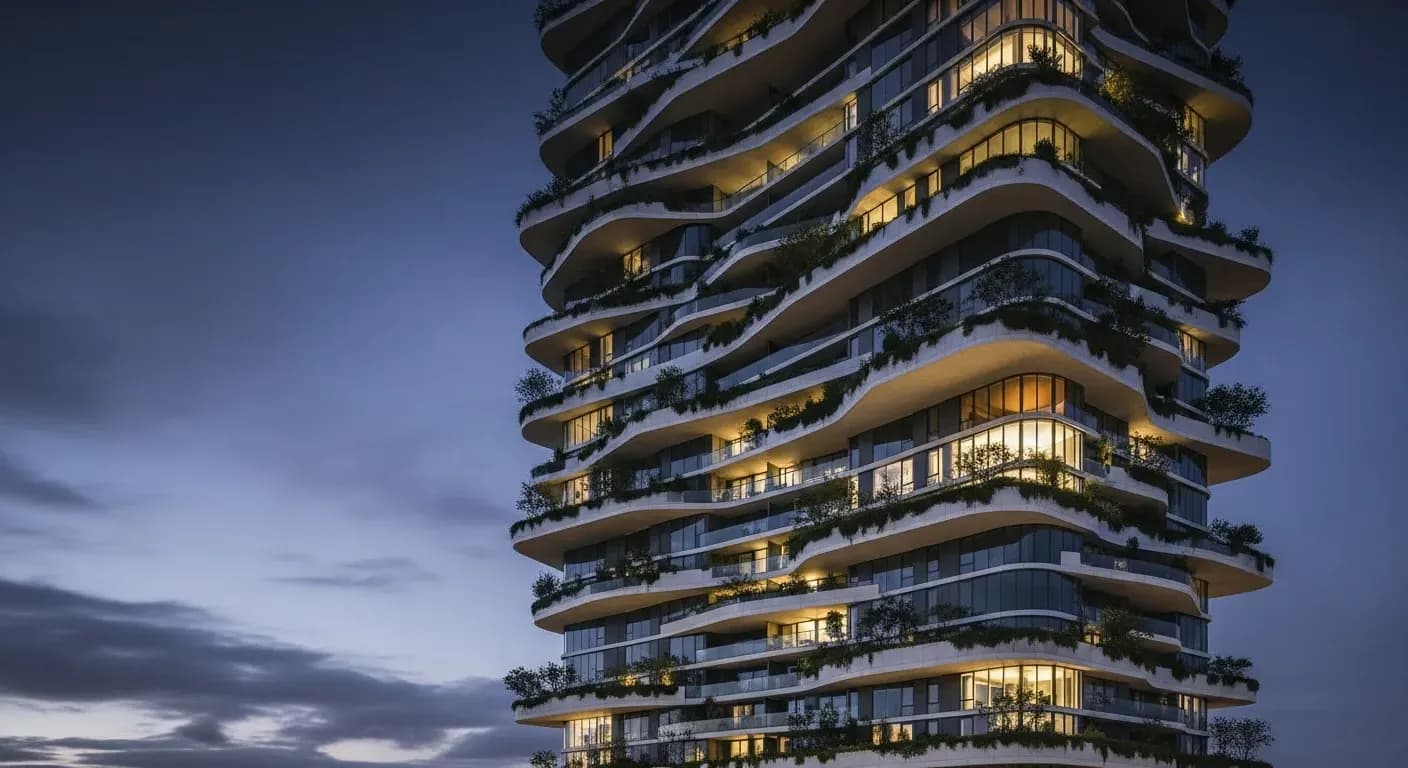 Fachada paramétrica con jardines verticales en torre residencial wellness certificada WELL