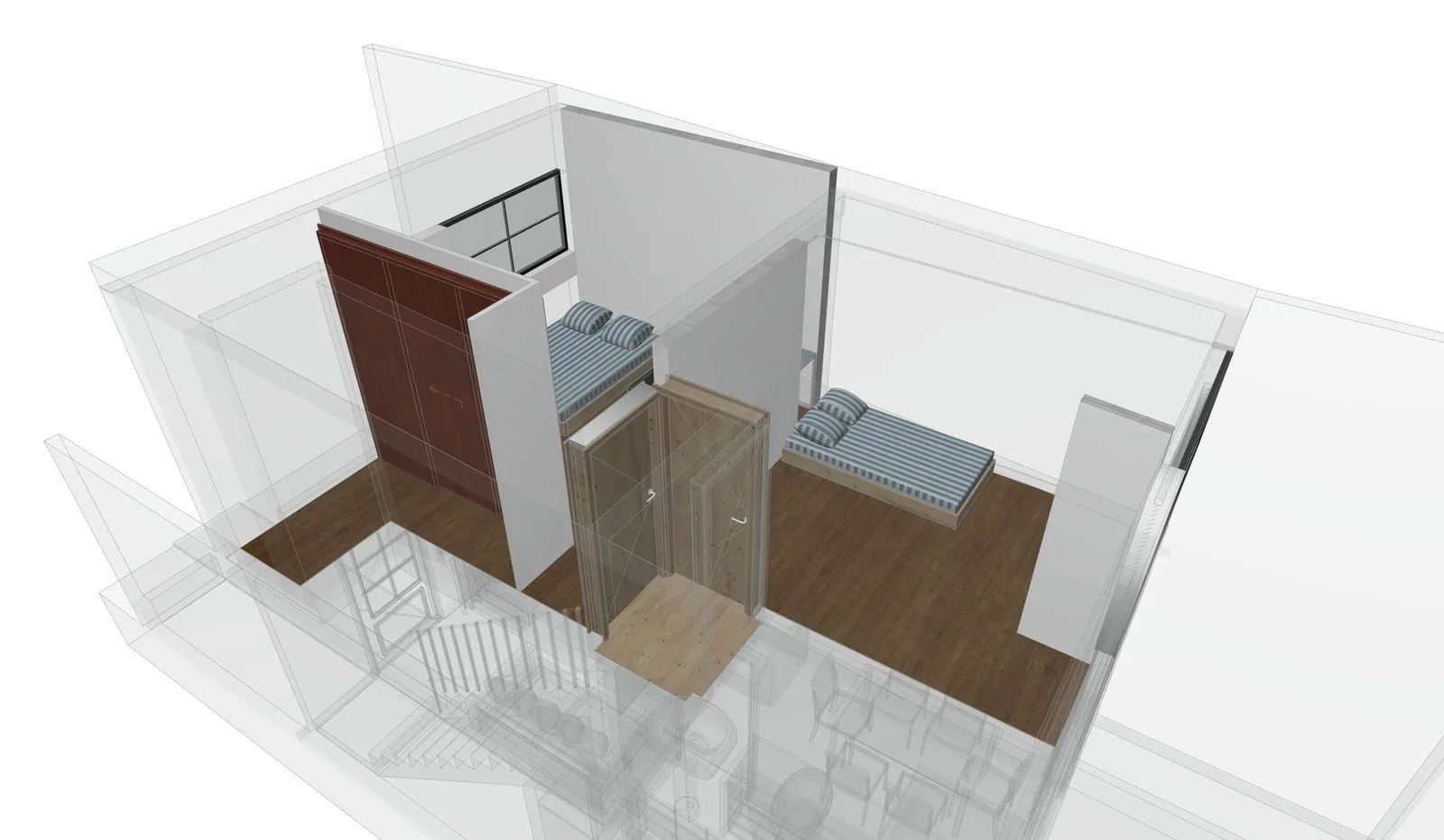 The same house with the elements to be demolished picked out by renovation status.