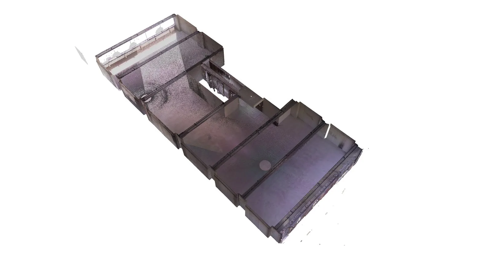 A registered point cloud of a long narrow office floor, walls and slabs resolved as dense colour speckle.