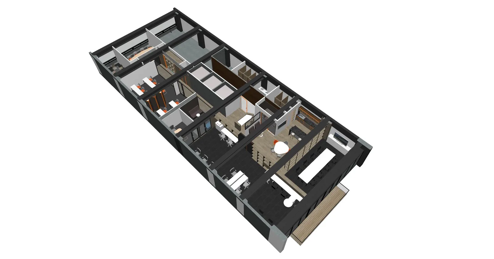 The same floor rebuilt as an Archicad model, cut away from above, with partitions, joinery and finishes in place.