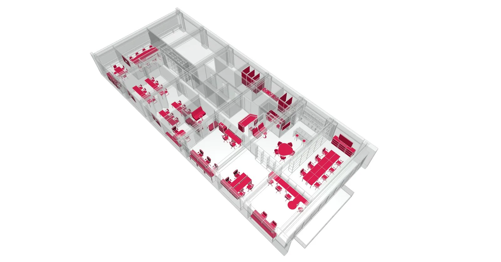 The same model with a graphic override applied: the shell drawn as pale wireframe and every piece of furniture picked out in solid crimson.