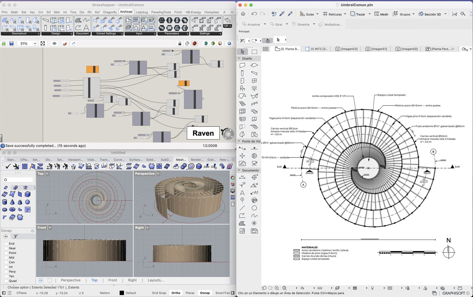 Two screens side by side. On the left a Grasshopper definition with the Archicad tab active over a Rhino model of a circular timber pavilion. On the right, Archicad showing the same pavilion as a dimensioned and annotated plan with a materials legend.