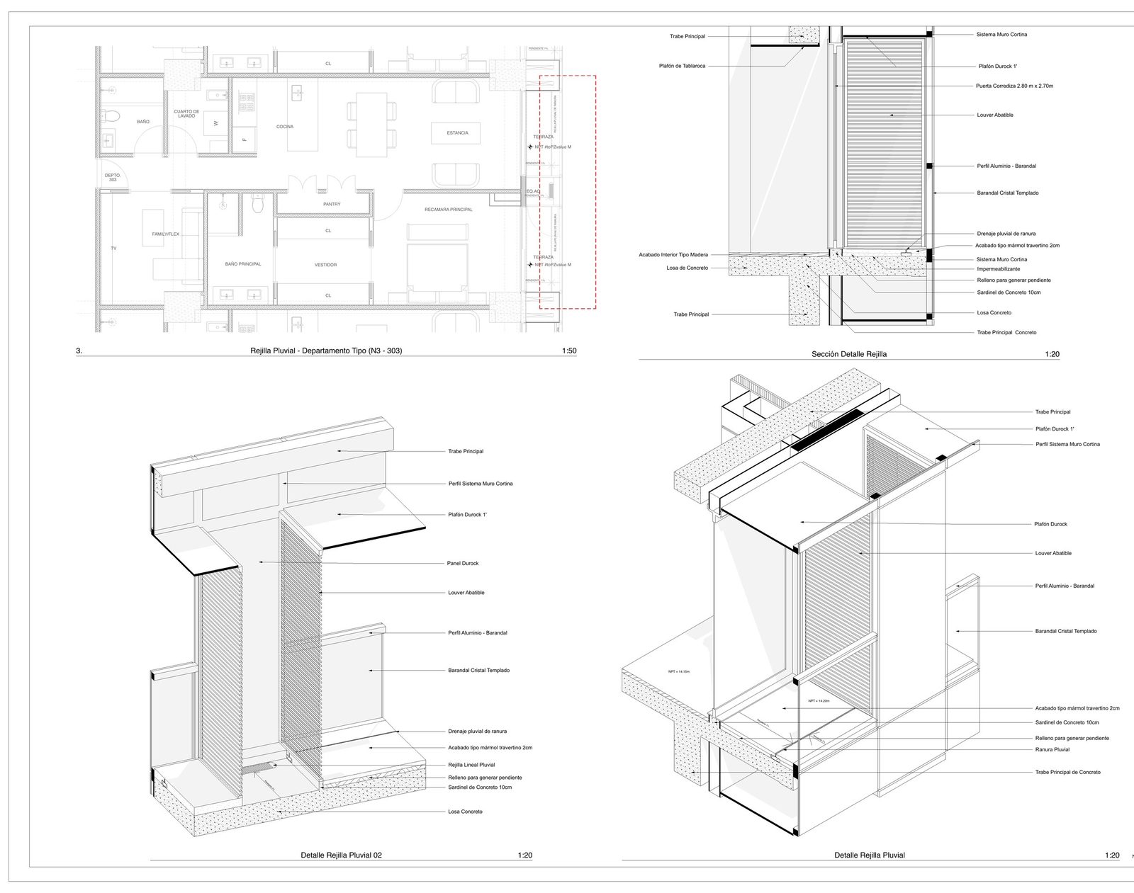 A sheet of four construction drawings: a partial apartment plan at 1:50 with a terrace drainage zone marked in red, and three annotated details at 1:20 of a linear drainage grille at a curtain wall threshold.