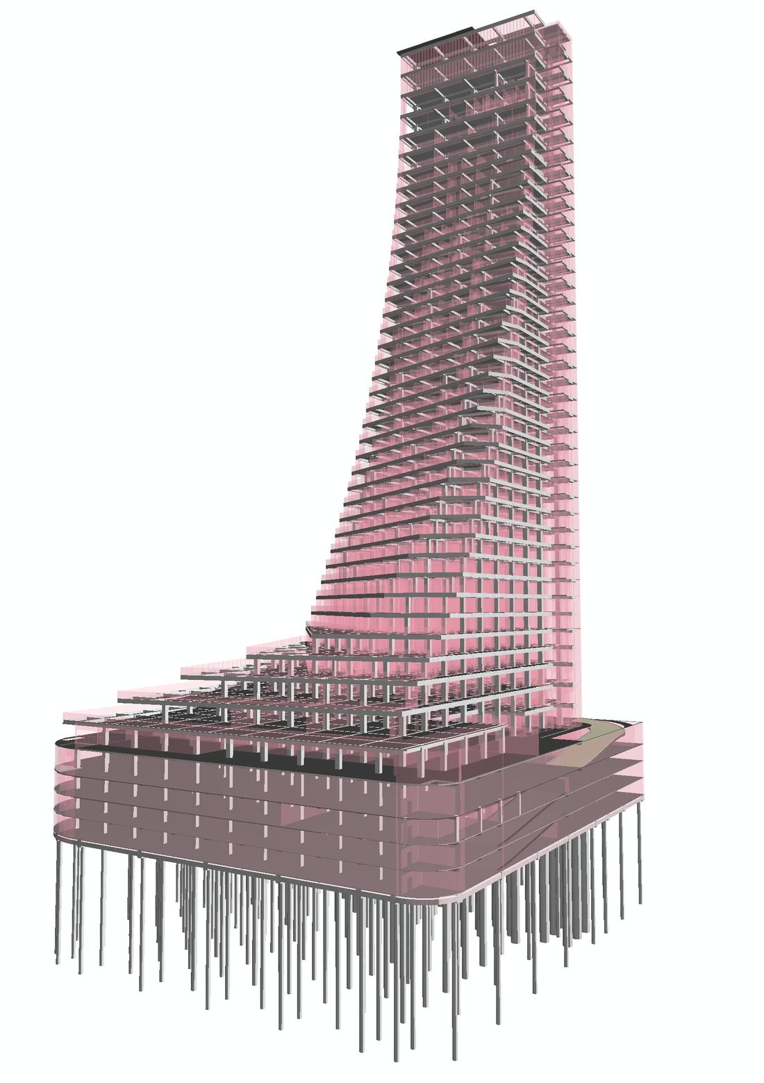 The isolated structural model of a tapering forty level tower shown in translucent pink: floor plates, cores, the podium, and the full pile field below grade.