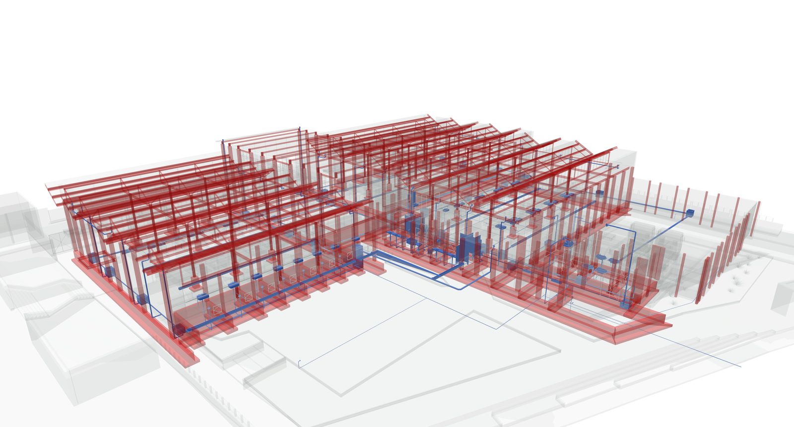 A federated model of a public market shown in three overlaid disciplines: architecture in grey, the steel roof structure in red, and mechanical and electrical services in blue.