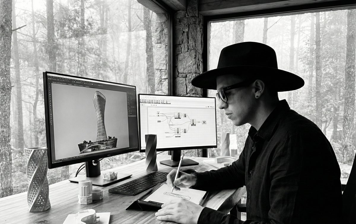 David Serrano at a desk in a pine forest studio, working on a tower model in Rhino with a Grasshopper definition open on the second screen.